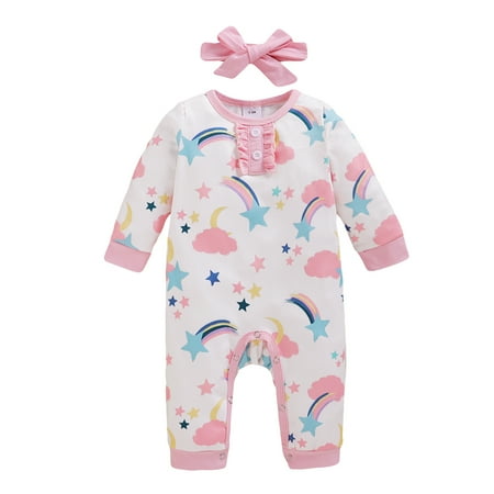 

NZRVAWS Newborn Baby Girls Outfits Jumpsuit Long Sleeve Bodysuit Rainbow Print Cloud Print Round Neck Romper+ Headband 2PCS Clothes Set 9-12 Months Pink