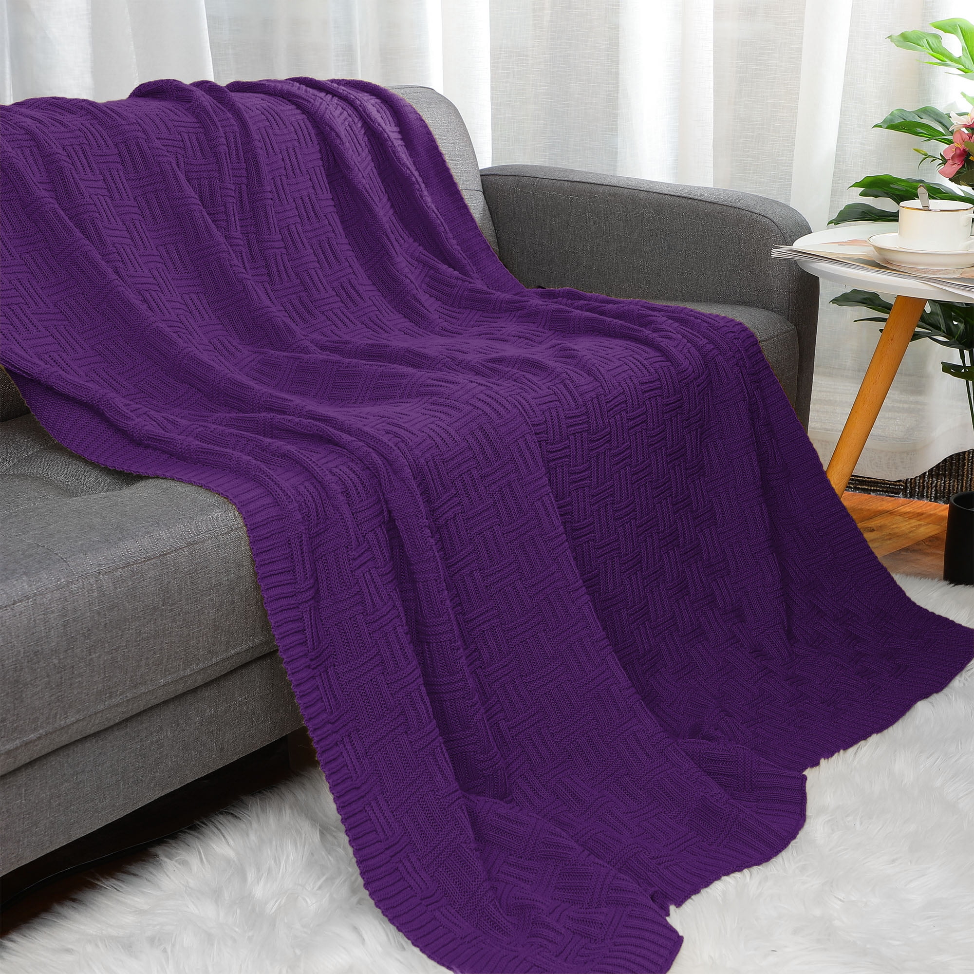 Knitted Throw Blanket For Sofa Couch Soft 100 Cotton Home Office Blanket Purple Walmart Canada