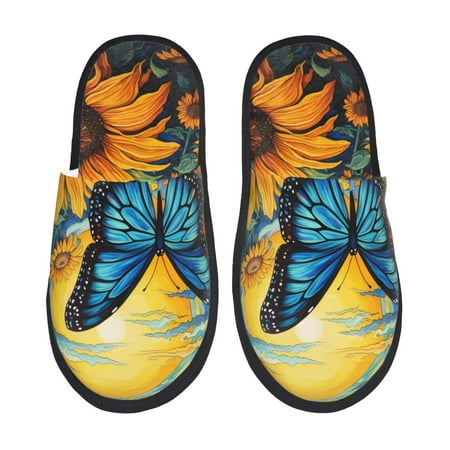 Balery Colorful Cloud Butterfly Sunflower Slient Indoor Furry Fleece Comfort House Shoes Soft Non-Slip Home Shoes Cotton slippers House Slippers-- Large