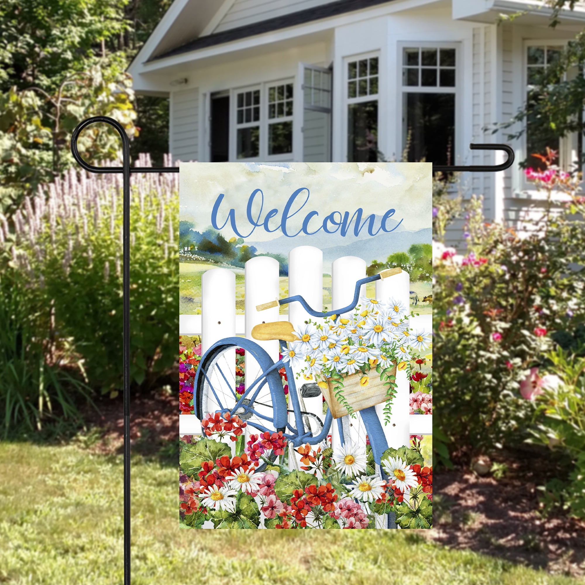 Welcome White Picket Fence Floral Outdoor Garden Flag 12.5" x 18"