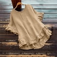 thumbnail image 2 of YDFCWXW Linen Tops for Women Short Ruffle Sleeve Shirts Crewneck Pleated Blouses Dressy Casual Fashion Button Down Tunic Top Beige, L, 2 of 5