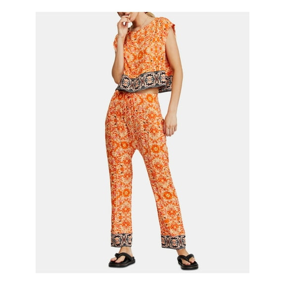 FREE PEOPLE Womens Orange Cap Sleeve Crew Neck Top Size: L