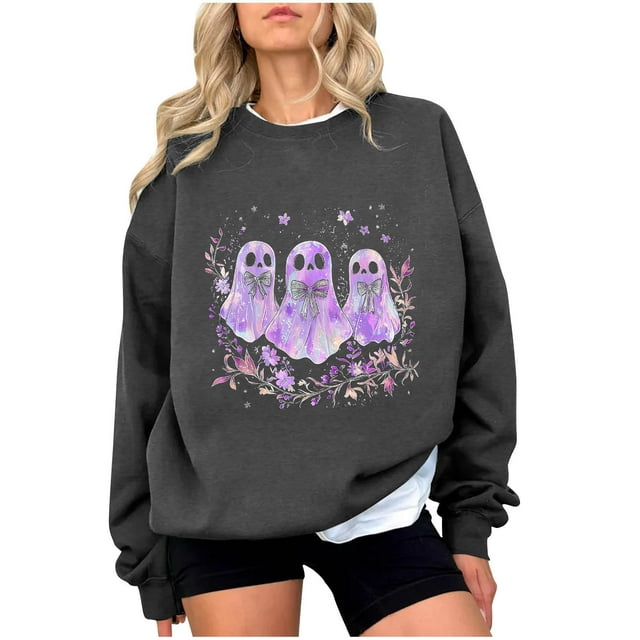 Chandail en Molleton Imprimé Fantôme pour Femmes Chandail Léger et Chaud Blouses Col Rond Manches Longues Ultra Doux Texturé Tenues de Printemps 2025 Chandail Automne Hiver Vêtements