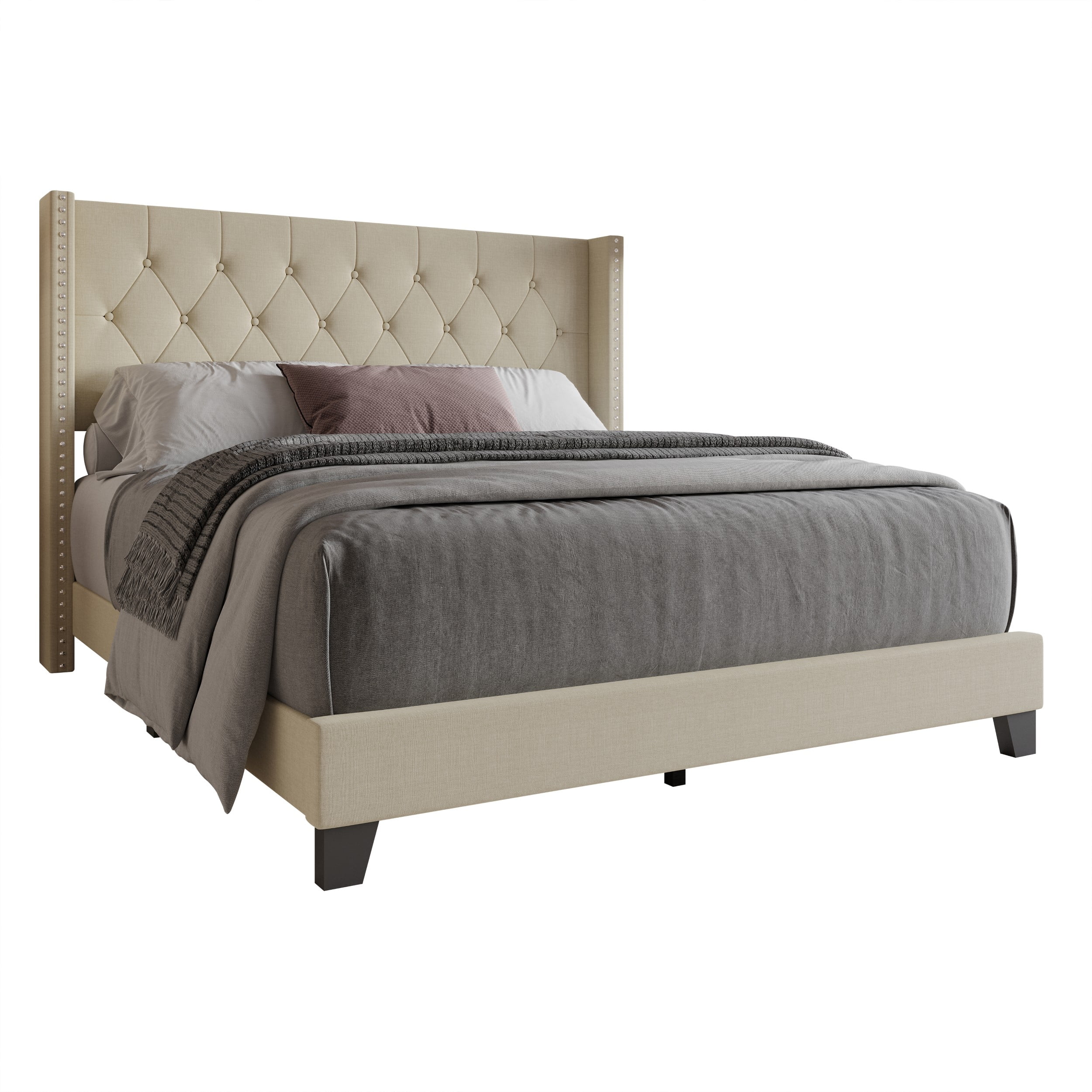 Home Design Homer King Button-Tufted Wingback Upholstered Panel Bed Frame with Nailhead Trim design for Adult, Beige, Easy Assembly