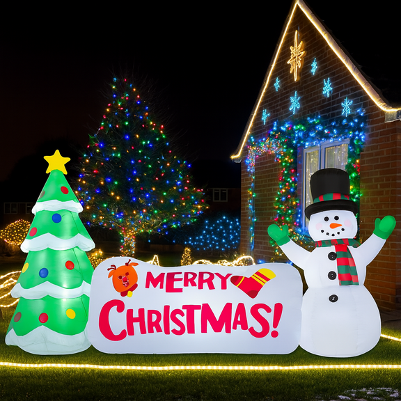 Baxlen10Ft Lighted Christmas Inflatable Decoration with Tree, Snowman & Sign, Outdoor Holiday Yard Decor,White