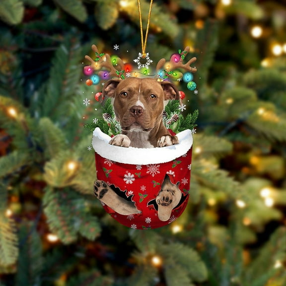 Acrylic 2D FLAT - BROWN Pitbull In Snow Pocket Christmas Ornament Flat Acrylic Dog Ornament - Holiday Tree Decoration