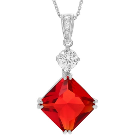 Brinley Co. Women's CZ Sterling Silver Square Pendant Fashion Necklace, Red