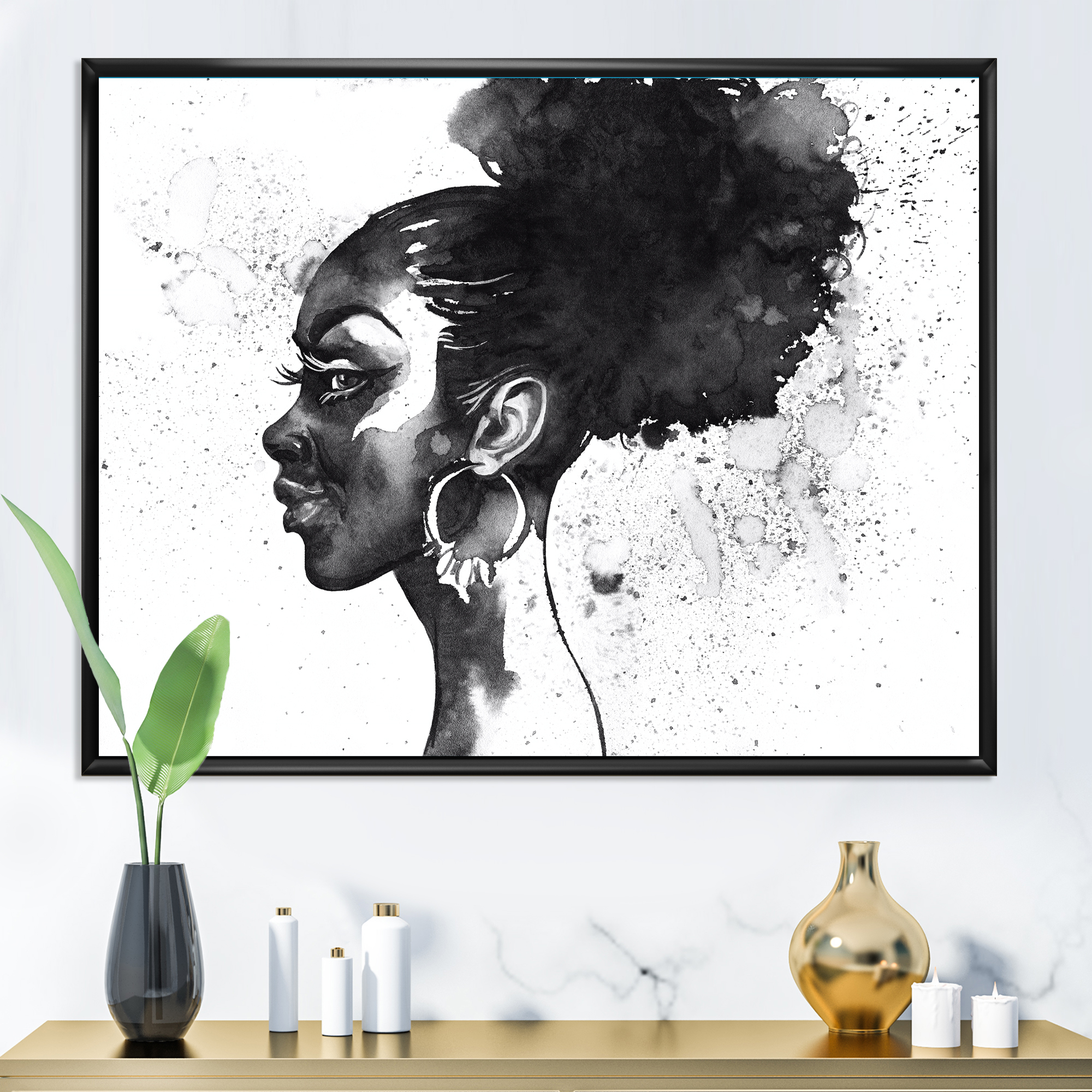 Designart 'Black and White Portrait of African American Woman I' Modern Framed Canvas Wall Art Print