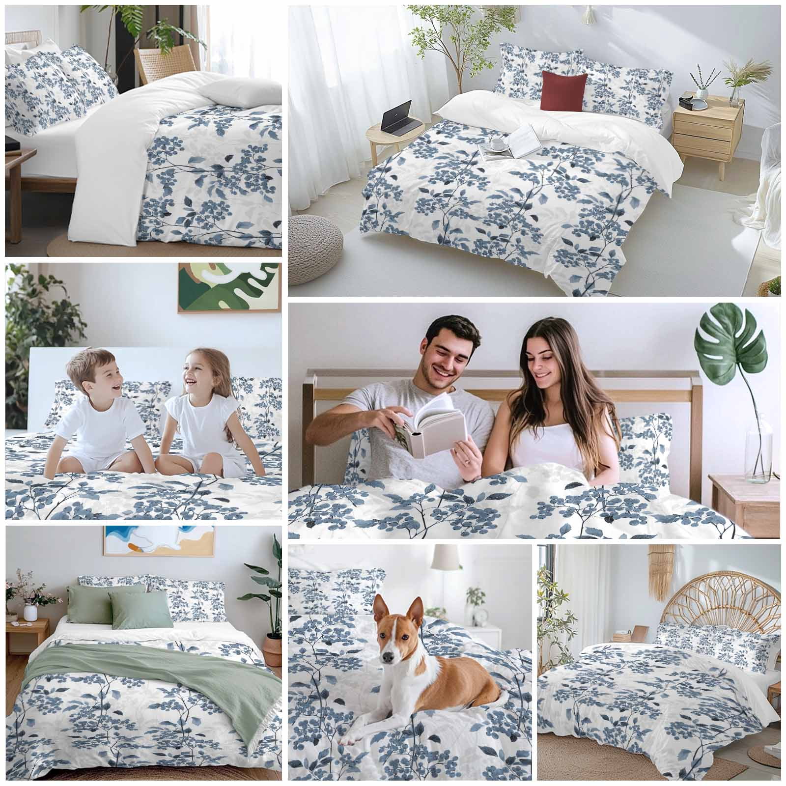 Blue Fruit Bedding 3 Piece Duvet Cover Set California King, Vintage Plant Nature Botanical Flower Floral Soft Microfiber Comforter Cover with Zipper Closure & Pillowcases, FadeResistant Quilt Cover