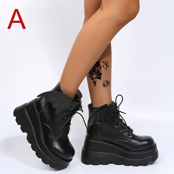 Babysbule Boots for Women Clearancde Women's Shoes Fashion Round Toe Wedge Heel Low-barrel Lace-up Patent Leather Shiny Shoes