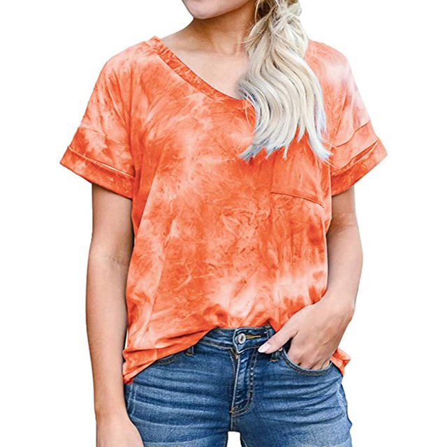 Women Rolled Short Sleeve Tie Dyed Printed Pockets Front Top