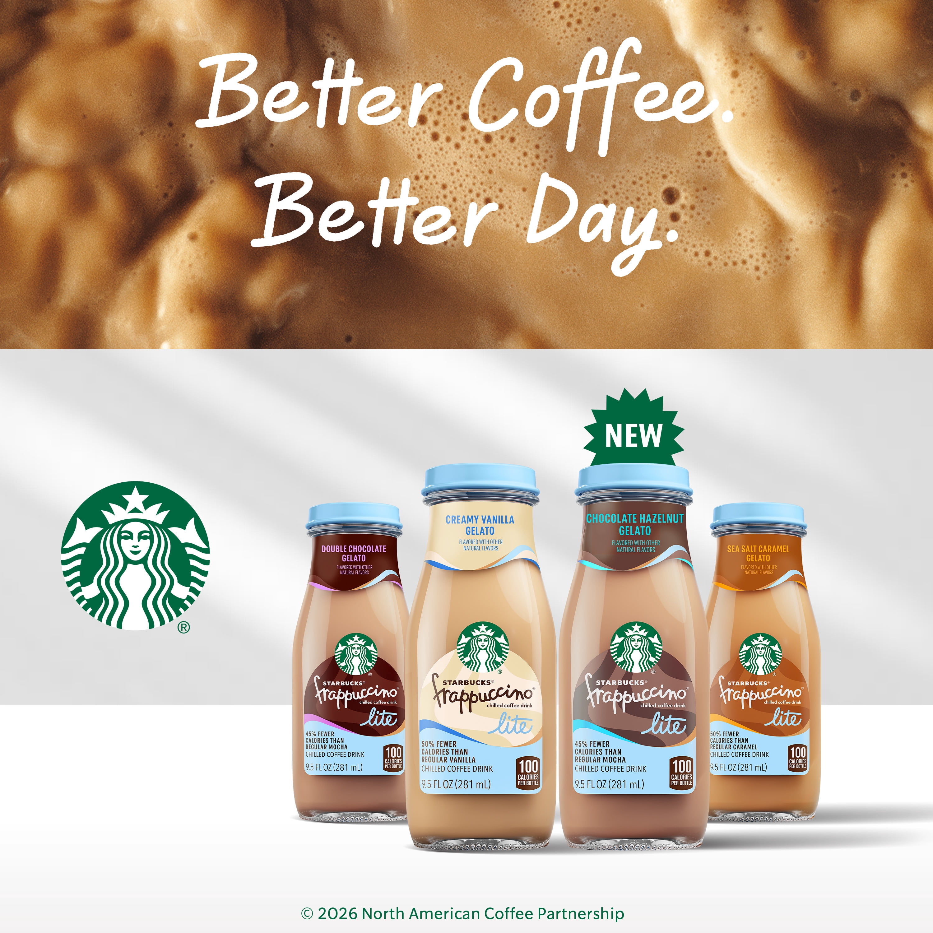 Starbucks Lite Chocolate Hazelnut Gelato Frappuccino Lite Iced Coffee Drink, 9.5 fl oz Bottles, 12 pack​