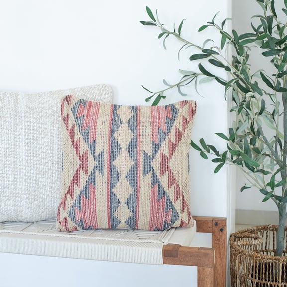 Laddha Home Designs Hand-Stitched Southwestern Cotton Throw Pillow Cover - 18" - Pink and Gray