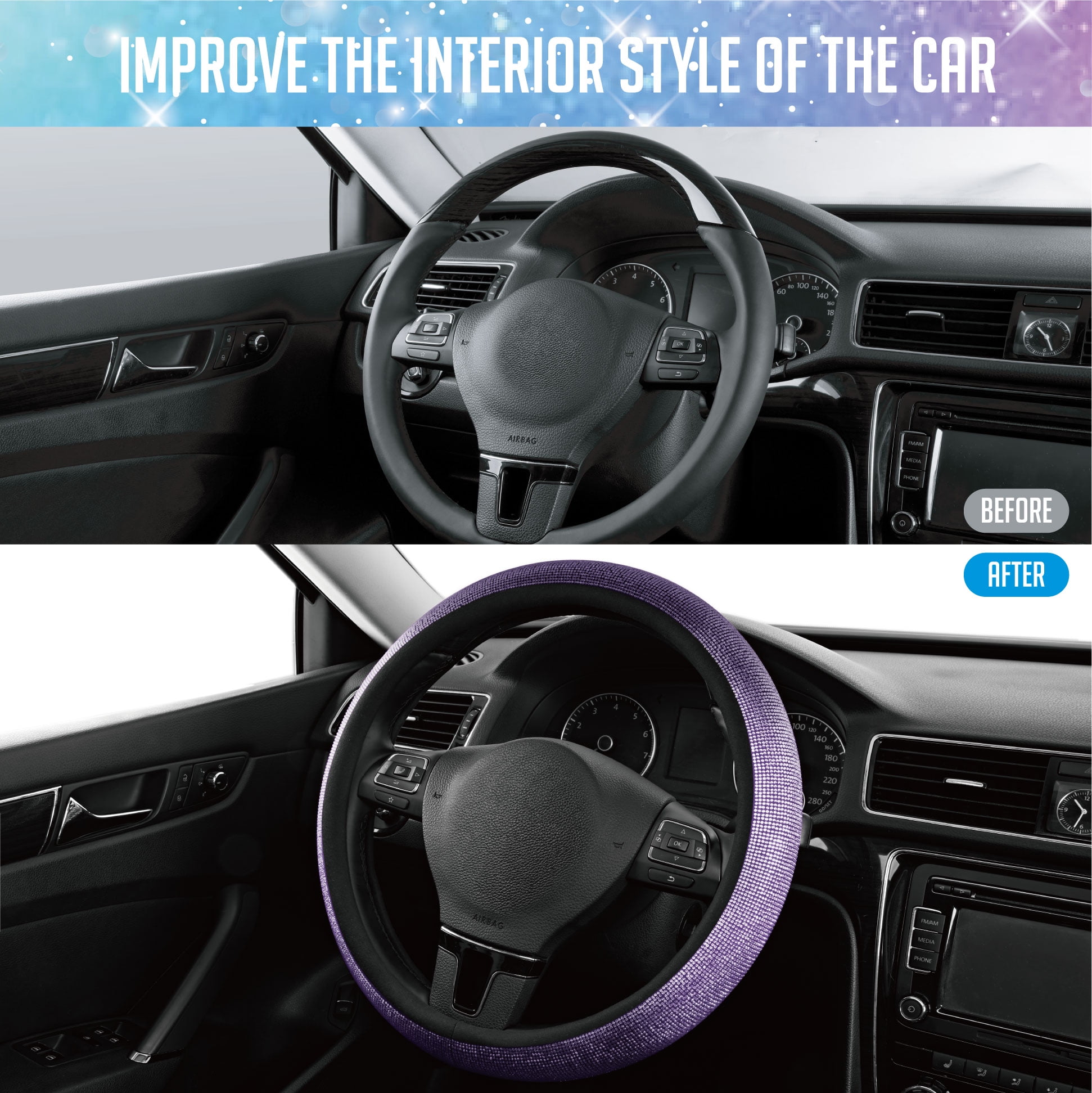 Auto Drive Bling Diamond Steering Wheel Cover, Sparkly Crystal Grip, Universal Fit for Cars,SUVs Dark Purple