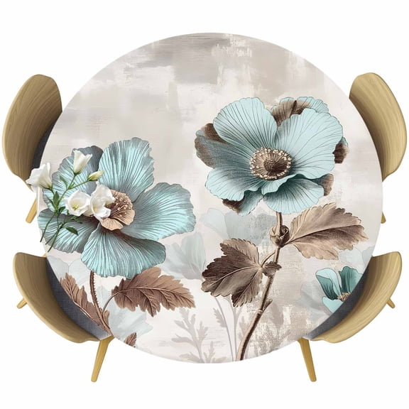 Tulip Flower Table Cloth, Round Fitted Tablecloths with Elastic Edge, Teal Brown Vintage Floral Plant Botanical Wipeable Waterproof Table Cover for Kitchen Wedding 45-54 Inches
