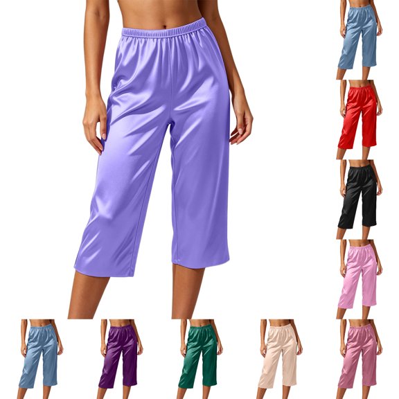 FAHUOMU Capri Pants For Women Cropped Satin Silky Lounge Bottoms Wide Leg High Elastic Waist Pajamas For Summer