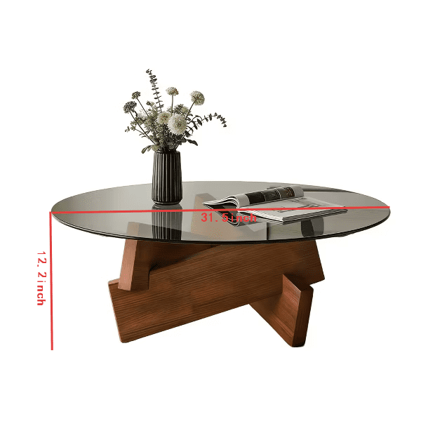 Coffee Tables for Living Room-Triangle Glass Coffee Table with Irregular Wooden Base End Table,Mid-Century Modern Abstract End Table,for Study Room Office Hotel Balcony（Walnut color 31.5incin）