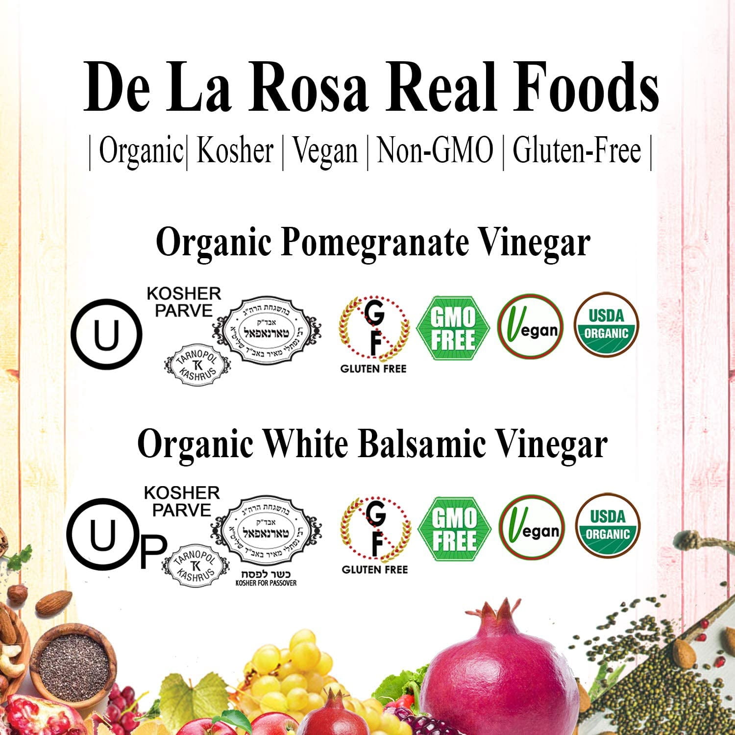Delarosa613 Organic Pomegranate and White Balsamic Vinegar, Glass Bottle, 2 Pack, 8.45 oz