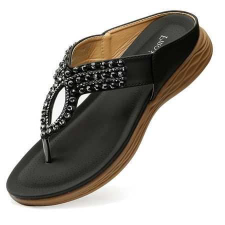 

Pmoiste Women s Flat Sandals Bohemian Rhinestone Summer Flip Flops Comfortable Cross-Strap Thong Casual Shoes Black 6