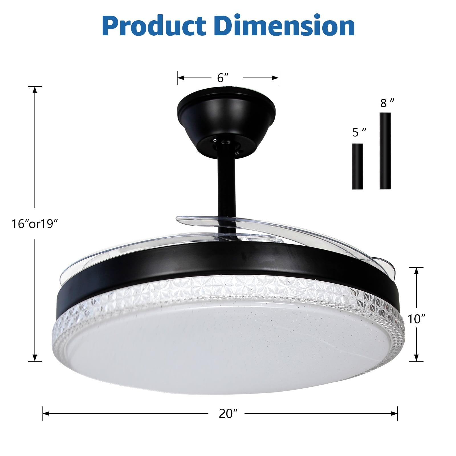RJFKSNC 42" Retractable Ceiling Fan with Light,Acrylic chandelier, Dimmable LED 3000K-6500K, 6 Speeds, Reversible Motor, Remote & APP Control, for Living Room Bedroom Dining Room