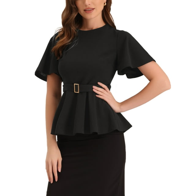INSPIRE CHIC Blouse Péplum pour Femme Col Rond Manches Évasées Taille Ceinturée Blouse de Bureau m Noir