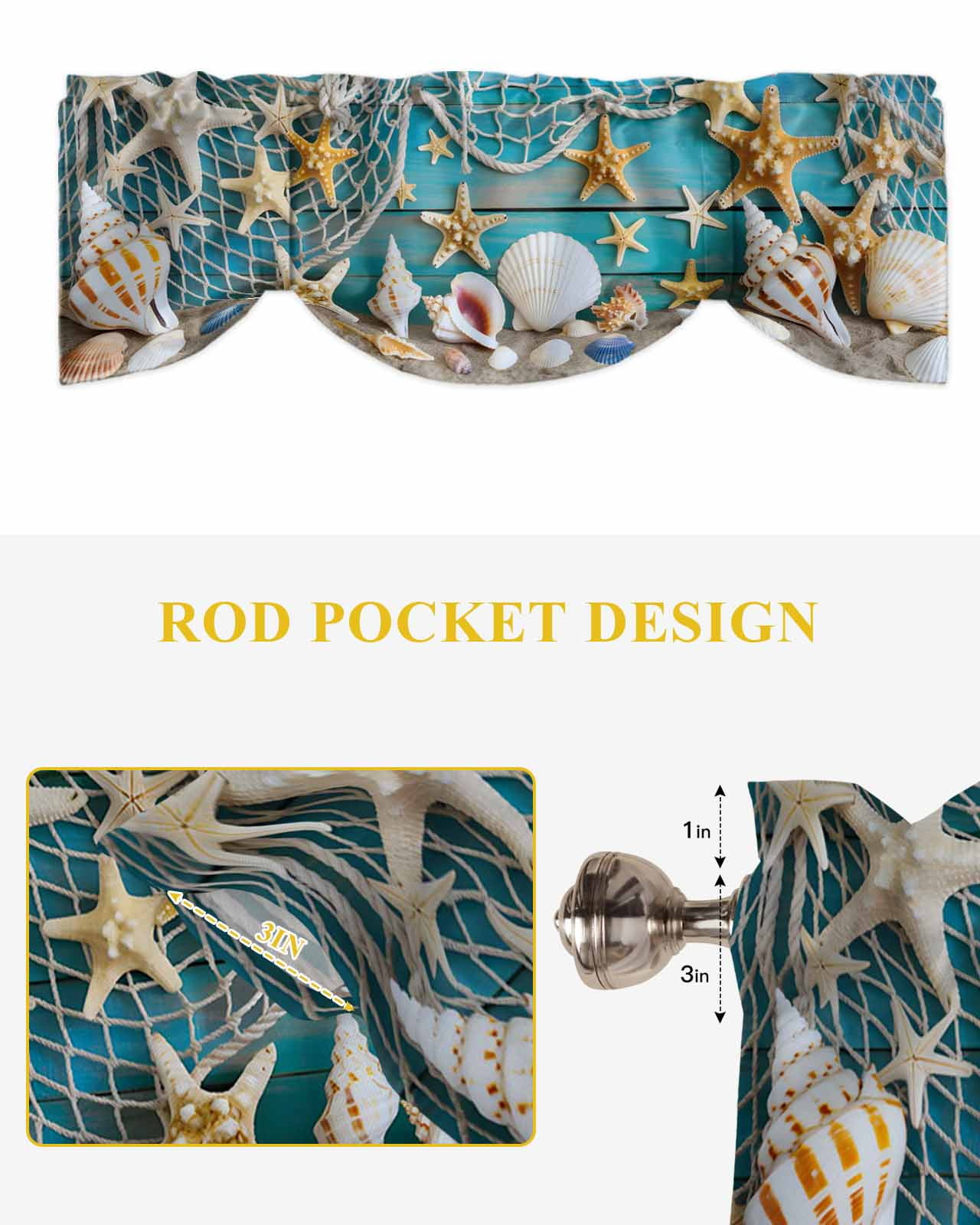 Coastal Beach Tie Up Valances Curtain, Adjustable Kitchen Conch Starfish Valances for Windows Decor, Rod Pocket Short Curtains Set for Bedroom/Bathroom, 60"x18"