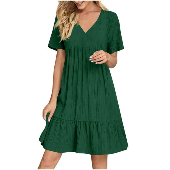 Ecqkame Womens Summer Dresses Fashion Casual Lightweight Short Sleeve V Neck Dress Pleated Loose Tiered Flowy Dress Army Green XL