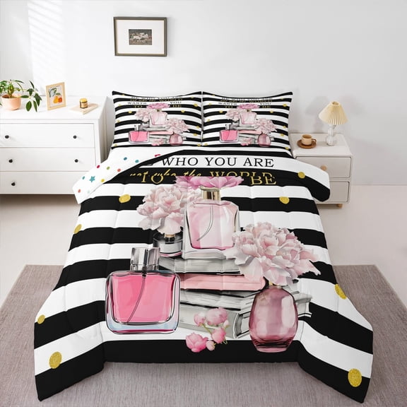 Erosebridal Girls Bags Perfume Bedding Queen Comforter Set,Chic Books Floral Down Comforter,White Geometry Lines Bedding Sets Queen with Comforter,Microfiber Bedroom Decorative Reversible,3 Pieces