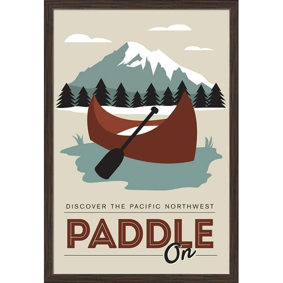 Discover the Pacific Northwest - Paddle On - Canoe - Vector Style - Lantern Press Artwork (24x36 Giclee Art Print, Gallery Framed, Espresso Wood)