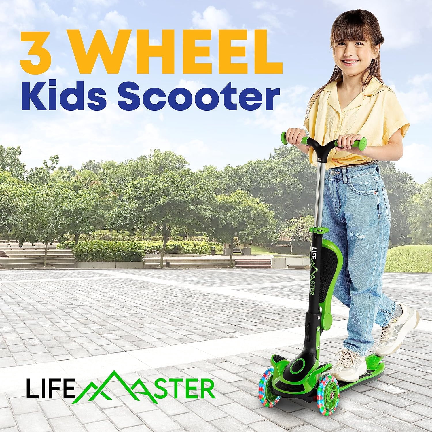 Kids Scooter – Foldable Seat – LED Wheel Lights Illuminate When Rolling – Children and Toddler 3 Wheel Kick Scooter – Adjustable Handlebar – Indoor and Outdoor- Green - by Lifemaster