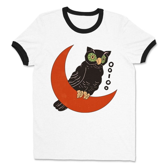 Vintage Halloween Owl Ringer Tee Shirt Unisex Large White/Black