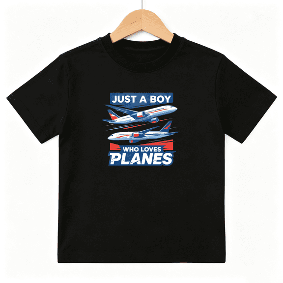 Just A Boy Who Loves Planes Boys Graphic Tee, Cute Airplane Jet Pilot 100% Cotton Kids Short Sleeve T-Shirt 4-13Y