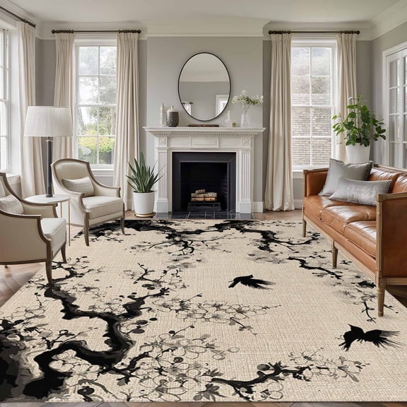 Chinese Area Rugs 6'x9', Washable Small Throw Rugs for Kitchen Dining room, Black White Tree Flowers Traditional Ink Painting Indoor Outdoor Rug Non-Slip Low Pile Carpet Runner Reversible Floor Mats
