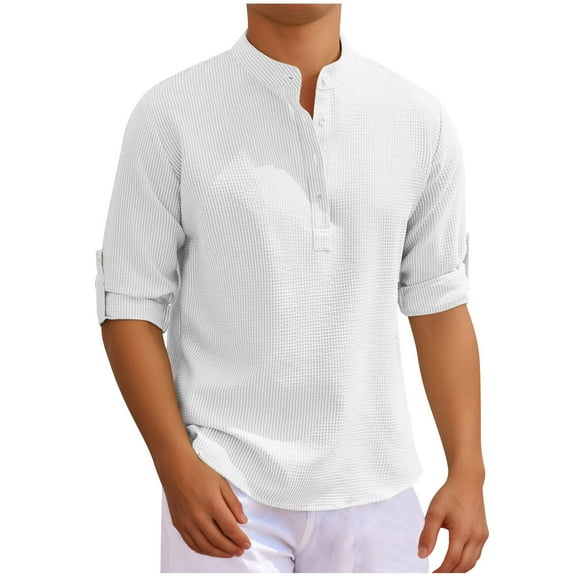 yillto 3/4 Sleeve Shirts for Men's V Neck Button Pullover Solid Color Textured Printed Shirt Tops