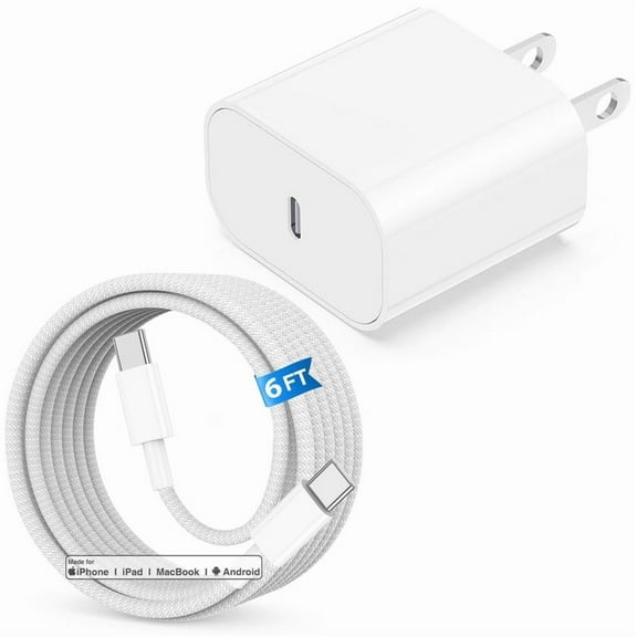Afflux 20W USB-C PD Fast Charger Wall Adapter Plug   6ft 60W USB-C Fast Charging Cable Compatible with iPhone 17 / 16 / 15 Pro Max Plus Air, iPad Pro Air, Galaxy S25 / S24 Ultra, Woven Braided, White