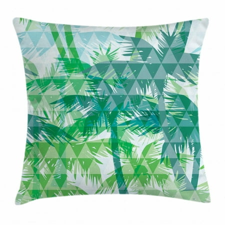 Geometric Forest Throw Pillow Cushion Cover, Exotic Palm Trees Hawaii Foliage with Grid Style Triangles, Decorative Square Accent Pillow Case, 16 X 16 Inches, Green Sea Green Jade Green, by