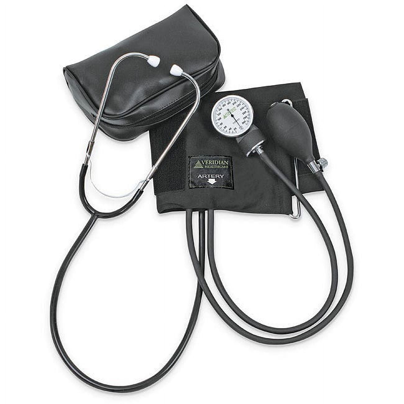 Veridian Two-Party Home Blood Pressure Kit with Nurse Stethoscope, Manual Aneroid Sphygmomanometer with Adult Arm Cuff, Inflation Bulb, Large Dial Gauge, Latex-Free, Zippered Case