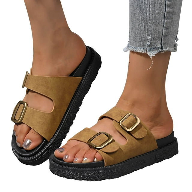 Sandales à Plateforme à Enfiler Léopard pour Femmes 2025 Mode Décontractée à Boucle Confort Pieds Larges Plates de Plage