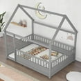 thumbnail image 6 of Full Size Floor Wooden Bed featuring a House Roof Frame and Grey Fence Guardrails, 6 of 11
