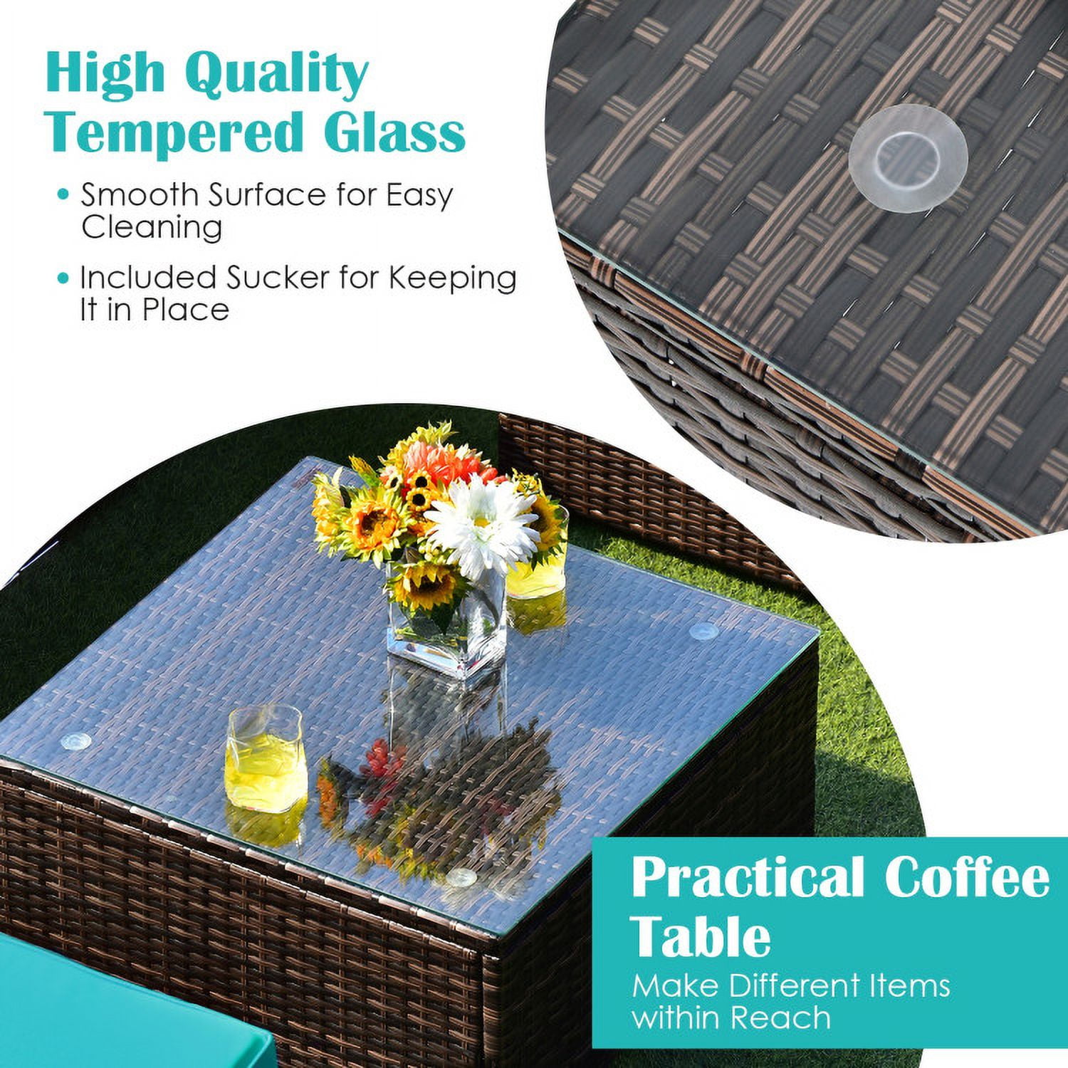 Aimee Lii 6 Pieces Patio Rattan Sectional Furniture Set with Cushions and Coffee Table, Outdoor Deck Furniture, Turquoise