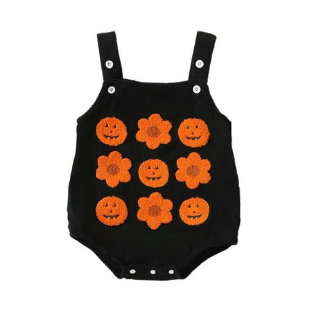 

Raccmtaty Baby Boy Girl Halloween Overalls Pumpkin Flower Embroidery Square Neck Sleeveless Corduroy Romper for Fall Winter