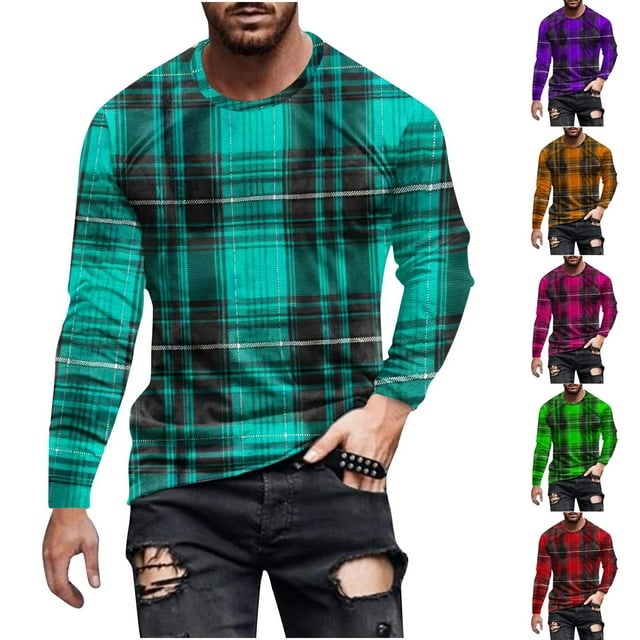 YOIAVAIOY T-Shirts à Carreaux pour Hommes T-Shirts Graphiques Élégants Manches Longues Col Rond Hauts Légers Blouses Rouges TTTTG