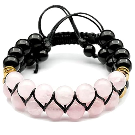 Natural Rose Quartz & Black Spinel Threaded Double Layer Bracelet 8mm Round Smooth Beads Rose Quartz & Black Spinel Adjustable Thread Bracelet. Unisex Macrame Yoga Bracelet
