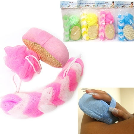 - 3pc Set Bath Shower Sponge Set Loofah Back Strap Exfoliating Body Brush Scrubber