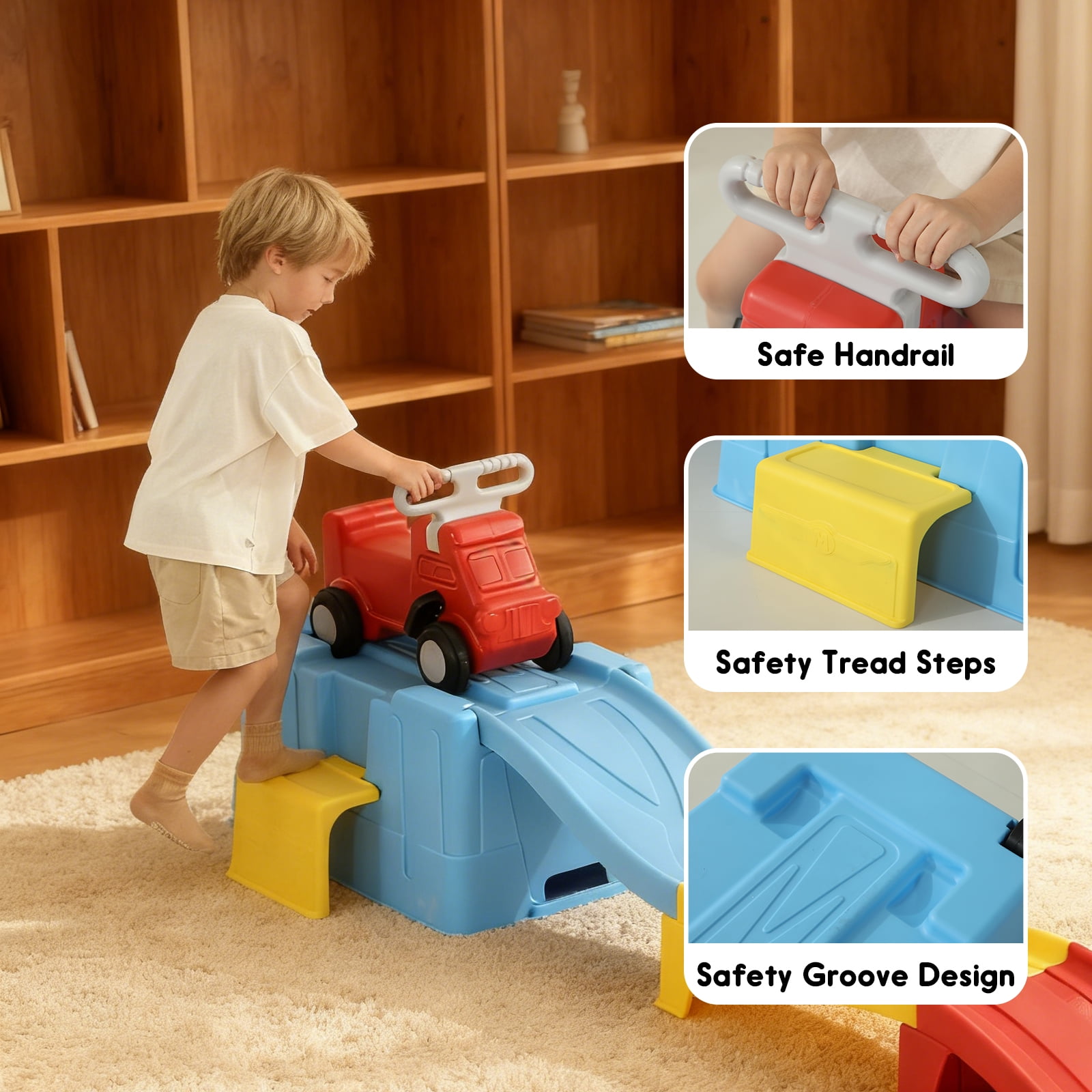 Up & Down Roller Coaster，Kids Ride On Toy，Toddler Push Car with Assembled Race Track & Storage Base Box, Indoor Outdoor Playset
