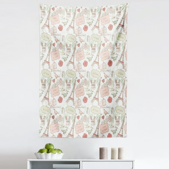 Paris Tapestry, French Pop Culture Lovers in Streets Bonjour Je T'aime Flower Pastel Life Image, Fabric Wall Hanging Decor for Bedroom Living Room Dorm, 5 Sizes, Dried Rose Cream, by Ambesonne