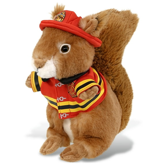 DolliBu Brown Squirrel Firefighter Stuffed Animal - Squirrel Fireman Toy with Red Fireman Costume Outfit and Fireman Hat, Cute Wild Life Stuffed Animal Fire Fighter Doll Plush Toy for Kids - 11 Inch