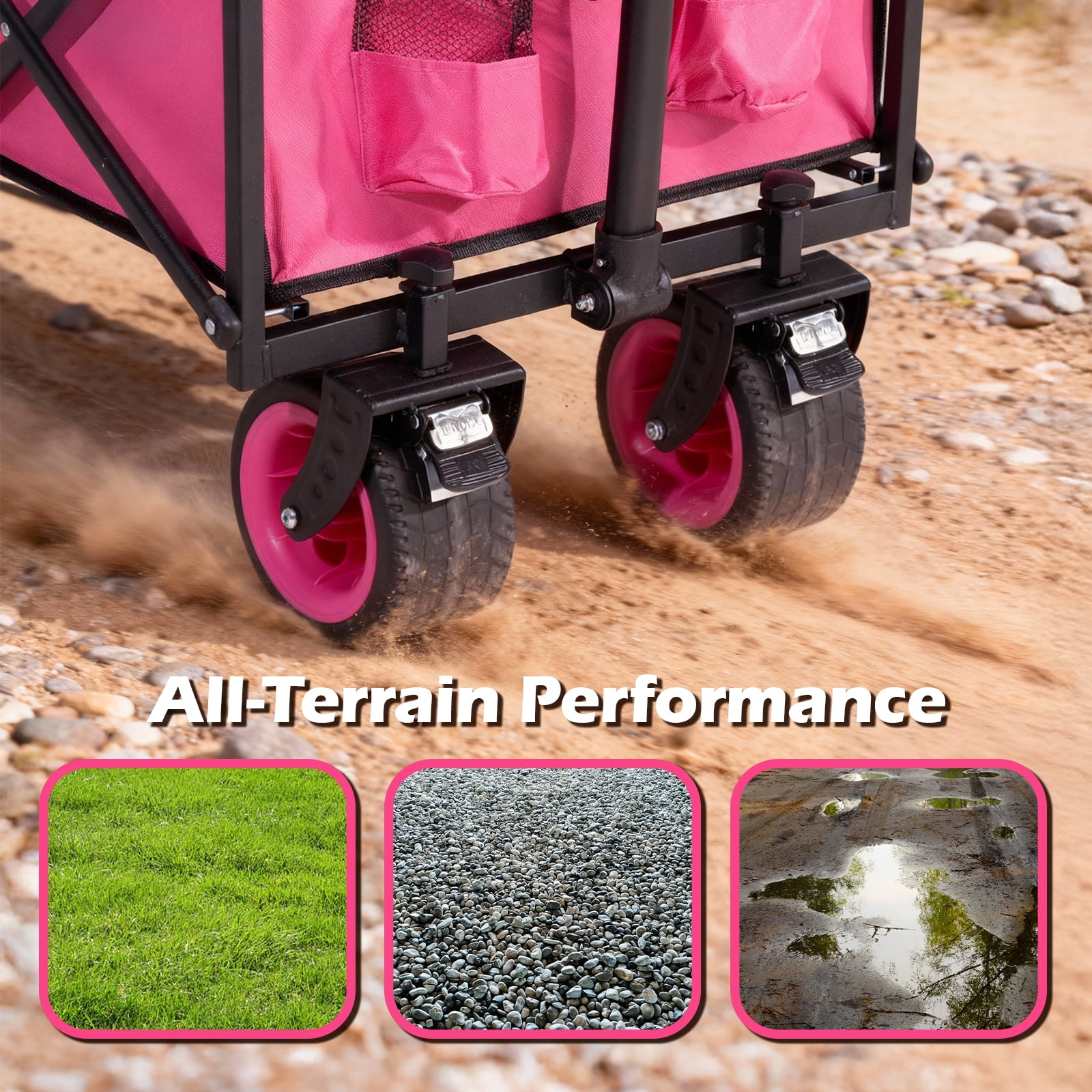 WildFinder Collapsible Small Outdoor Wagon Cart with Adjustable Handle & Waterproof Fabric, Folding Utility Wagon for Garden, Camping and Daily Use, Pink