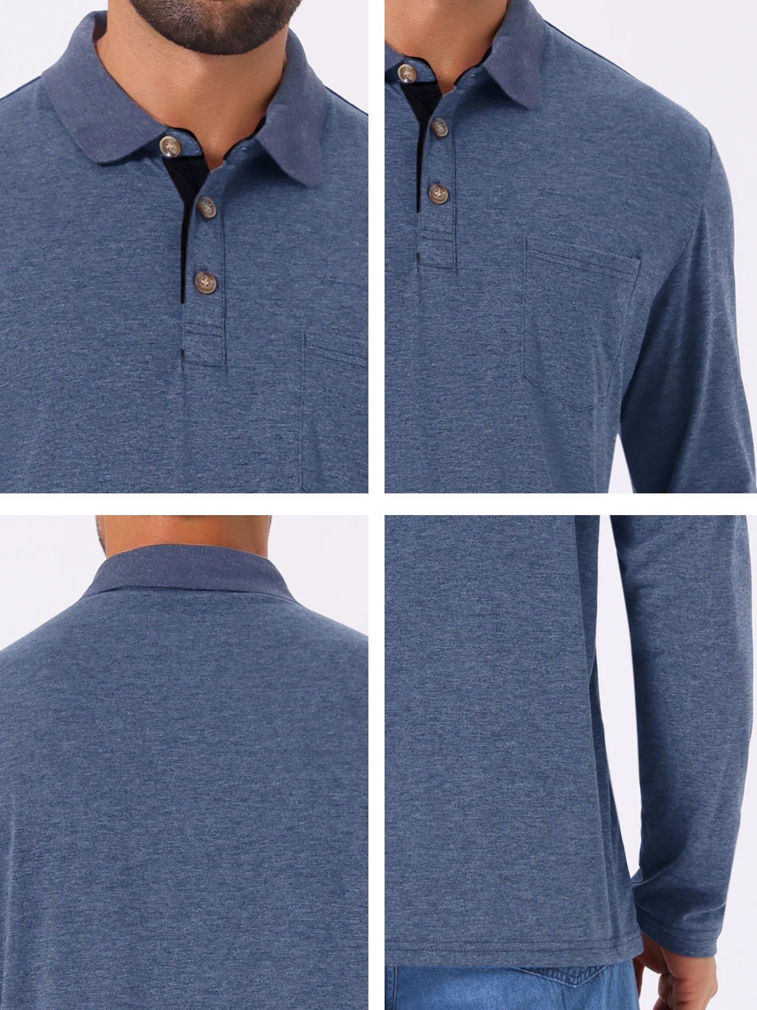 DARING DIVA Men's Contrast Button Collared Long Sleeves Golf Polo T-Shirts L Dark Blue