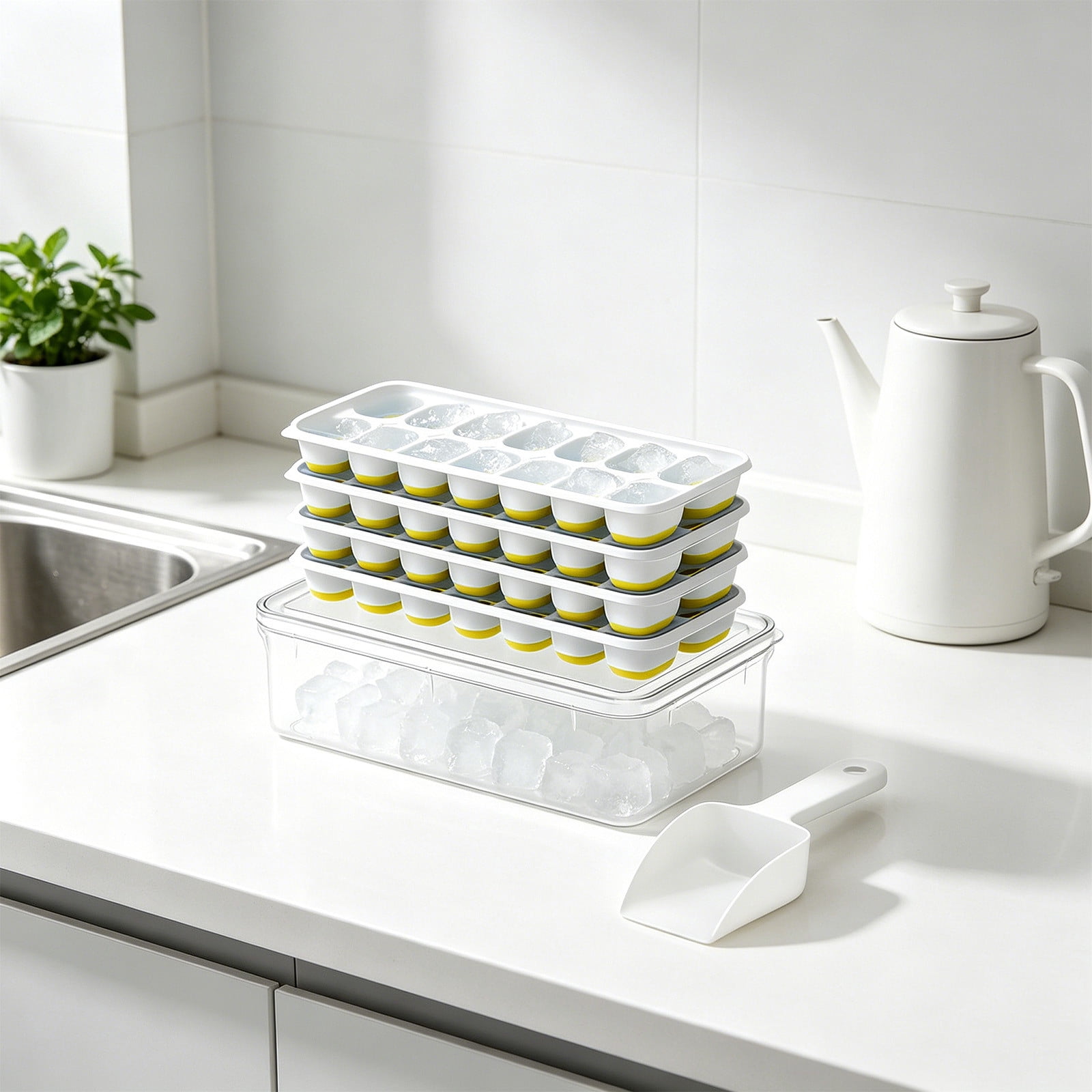 COM1950s Ice Tray Set with Storage Bin, Stackable Ice Tray with Lid and Container, Home Ice Maker Kit with Scoop, Freezer Ice Mold for Kitchen, Summer Portable Ice Box for Drinks